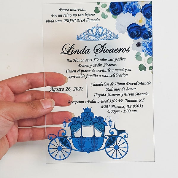 Cinderella Invitations for Quinceanera on Acrylic Glass, Princess Carriage Invitations, carriage model