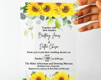 Invitación de boda, Invitación de vidrio seguro diseñada con girasol, Invitaciones de boda en acrílico para parejas especiales, Invitación de gala