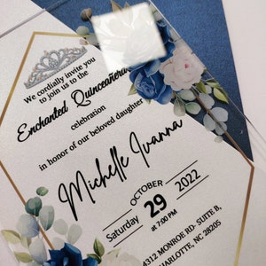 blue  quinceanera invitation in acrylic