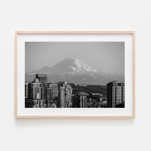 Mount Rainier and Seattle Skyline - Black & White - Photography print art decor