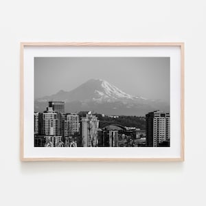 Mount Rainier and Seattle Skyline - Black & White - Photography print art decor