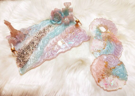 Small Elegant Decorative Resin Tray With Gold Clear Handles, Perfume Tray,  Geode Resin Tray 