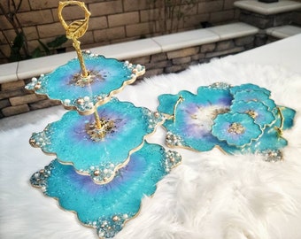 Luxury Aqua Blue Geode Collection | Serving Tray | Dessert Stand | Mother&#39;s Day Gift