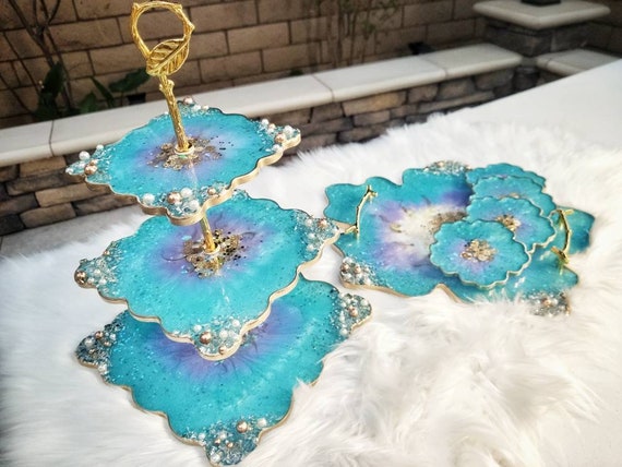 Luxury Aqua Blue Geode Collection | Serving Tray | Dessert Stand | Mother's Day Gift