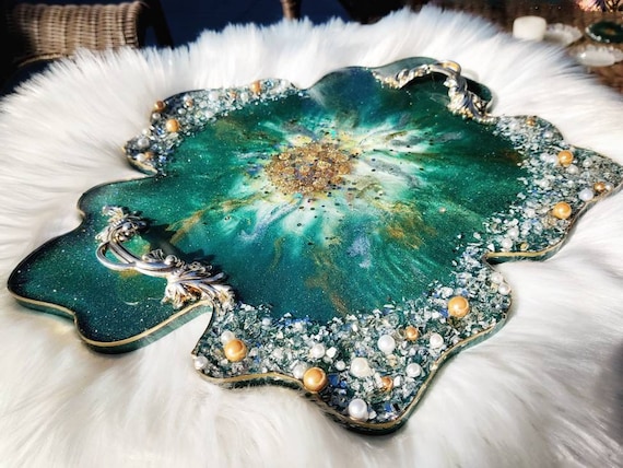 Small Elegant Decorative Resin Tray With Gold Clear Handles, Perfume Tray,  Geode Resin Tray 
