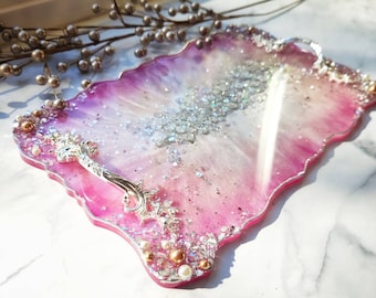 Magenta Geode Resin Tray and Coaster Set | Pink Serving Tray | Vanity Tray