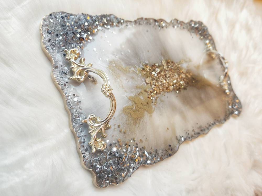 Decorative Resin Tray and Coaster Set | Luxury Gold Geode Resin Tray | Serving Tray | Vanity Tray | Jewelry Tray