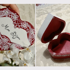 Coffret à bijoux en forme de cœur peint à la main, coffret à bijoux et souvenirs en bois par Mon Bijou, motif dentelle et diamants, cadeau romantique