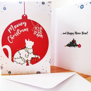 Cartolina di Natale Meowy Christmas & Happy Meow Year, Biglietto d'auguri divertente per festività, Auguri di Natale per amanti dei gatti