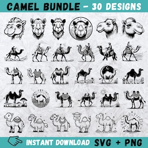Pacchetto SVG di cammello, Clipart di cammello, SVG del deserto, Sublimazione, File di taglio di cammello, Silhouette di cammello, Vettore di cammello, Cammelli Cricut, Download istantaneo