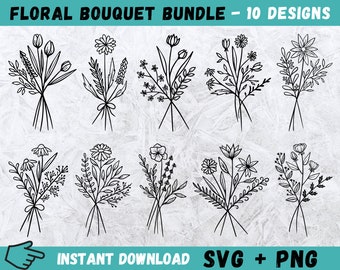Pacote de buquê floral SVG: designs de flores desenhados à mão (download digital)