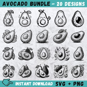May include: A set of 20 black and white avocado illustrations. The illustrations feature different styles of avocados, including whole avocados, avocado halves, and avocado slices. The illustrations are perfect for use in crafting projects, scrapbooking, or digital design.
