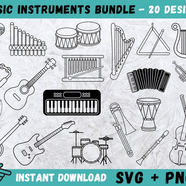 Instrumentos de música Svg, Guitarra Svg, Tambor de música Svg, Equipo de música Svg, Orquesta Svg, Clip Art Svg, Png, Música Cricut Svg, Cortar archivos