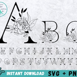 Alfabeto Floral SVG, Alfabeto Flor Svg, Letra Alfabeto Floral Svg, Arquivos Para Silhouette, Letra Flor Svg, Arquivo De Corte Para Cricut, Svg, Png