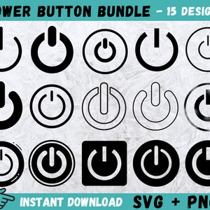 May include: A set of 15 black and white power button icons in various styles. The icons are in a circle, square, and rounded square shape. The text "POWER BUTTON BUNDLE - 15 DESIGNS" is at the top of the image. The text "INSTANT DOWNLOAD SVG + PNG" is at the bottom of the image.