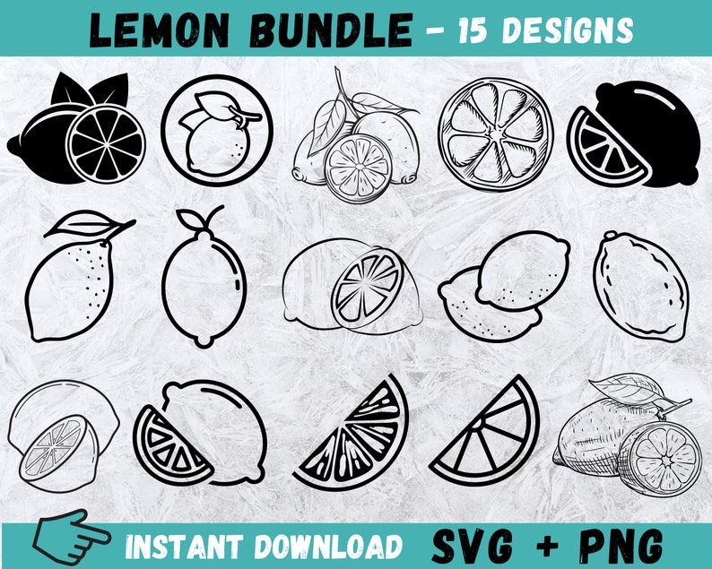 Puede incluir: Un conjunto de 15 ilustraciones de limones en blanco y negro. Las ilustraciones incluyen limones enteros, rodajas de lim&oacute;n y gajos de lim&oacute;n. Las ilustraciones son perfectas para manualidades, scrapbooking y otros proyectos creativos.