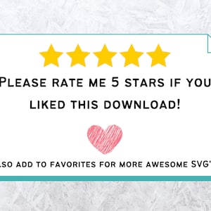 Puede incluir: Una tarjeta blanca con un borde turquesa y un coraz&oacute;n rosa. La tarjeta tiene cinco estrellas amarillas y el texto "PLEASE RATE ME 5 STARS IF YOU LIKED THIS DOWNLOAD! ALSO ADD TO FAVORITES FOR MORE AWESOME SVG'S!"