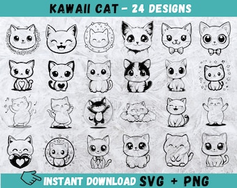 Paquete SVG de gatos kawaii, imágenes prediseñadas de gatitos, archivos de corte de dibujos animados (descarga instantánea)