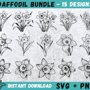 May include: A set of 15 black and white line art illustrations of daffodils. The daffodils are drawn in a vintage style and are perfect for use in crafting projects, scrapbooking, or digital design.