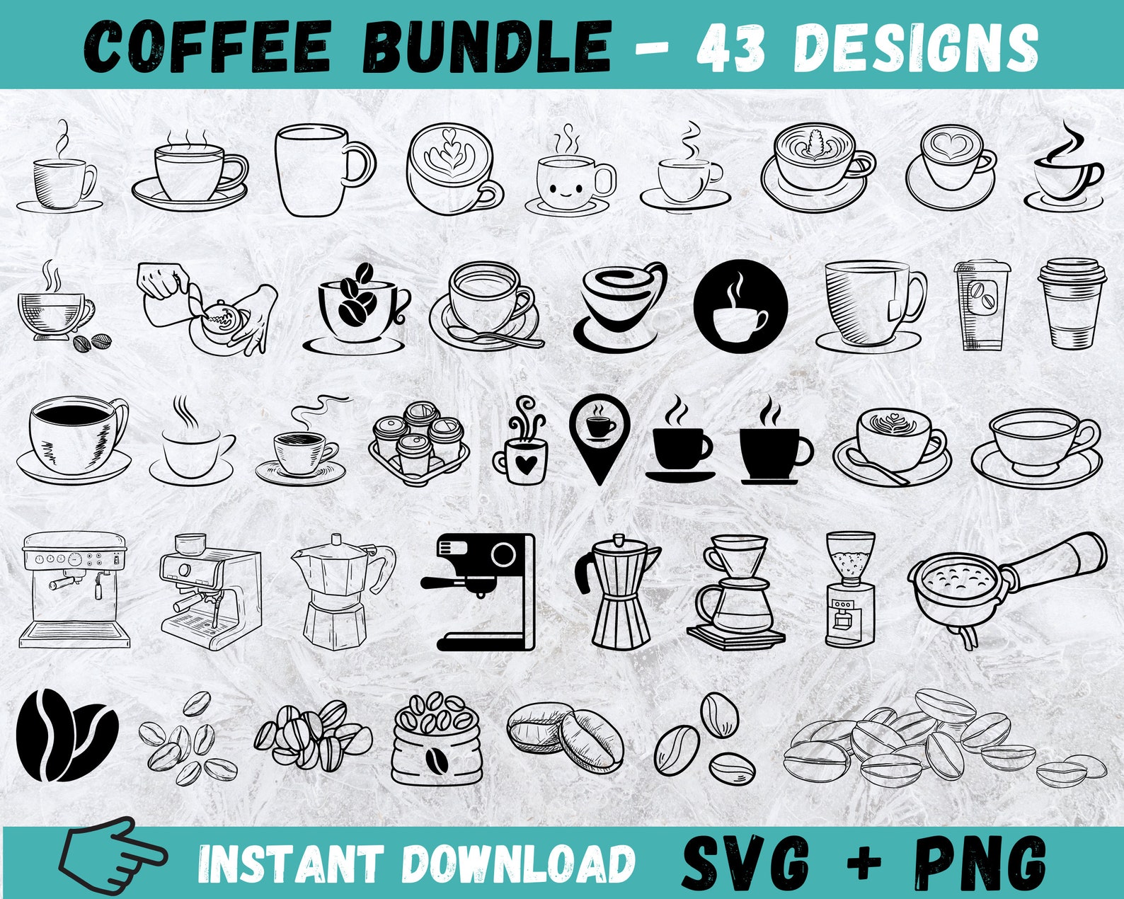 Coffee SVG Bundle, Hand Drawn Clipart (43 Designs) (digital Download ...