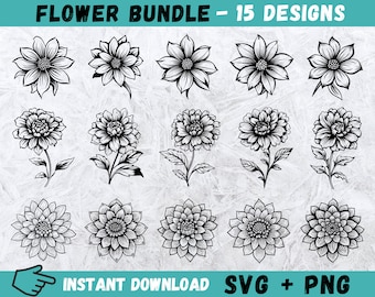 Hand Drawn Wildflower SVG Bundle: 15 Flower Designs (SVG, PNG)