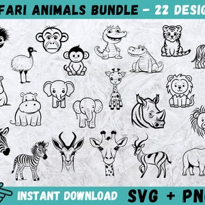 Cute Safari Animals SVG, Cute African Jungle Animal Clipart, Safari Cricut, Tiger Silhouette, Lion, Hippo, Giraffe, Monkey Vector, Clipart