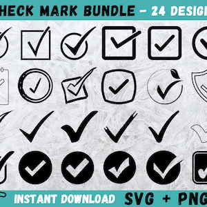 May include: A set of 24 black and white check mark icons in various styles, including circles, squares, and shields. The icons are perfect for use in digital projects, presentations, and social media.