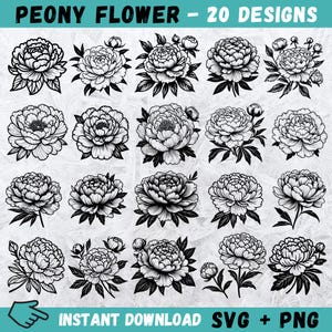 Peony Flower SVG Bundle, Peony Cricut, Flower Clipart, Peony Monogram, Peony Silhouette, Peony Cut File, Instant Download, Vector, Png