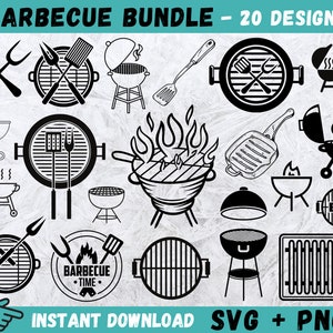May include: A set of 20 black and white SVG and PNG digital files featuring various barbecue grill designs. The designs include grills, grilling tools, flames, and the text "BBQ".