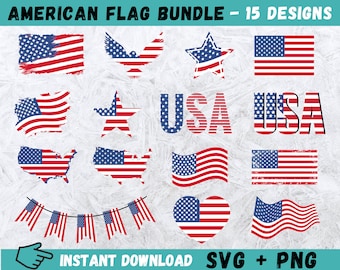 May include: A set of 15 American flag designs in SVG and PNG format. The designs include a variety of styles, such as distressed, heart-shaped, and waving flags. The designs also include the word "USA" in a distressed style.