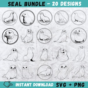 May include: A collection of 20 seal designs in black and white. Some seals are within circular frames. The text "SEAL BUNDLE - 20 DESIGNS" is at the top. The text "INSTANT DOWNLOAD SVG + PNG" is at the bottom.