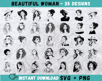 Woman Face SVG Bundle: 35 Hand-Drawn Designs (Digital Download)