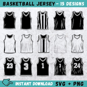 May include: Fifteen black and white basketball jersey designs. The jerseys have different numbers and stripes. The text "BASKETBALL JERSEY - 15 DESIGNS" is at the top of the image. The text "INSTANT DOWNLOAD SVG + PNG" is at the bottom of the image.