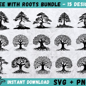 Albero con radici SVG, Albero Svg, Grande albero Svg, Albero genealogico Cricut, Radici Svg, SVG all'aperto, Pino Svg, Clipart albero, Silhouette quercia, Png