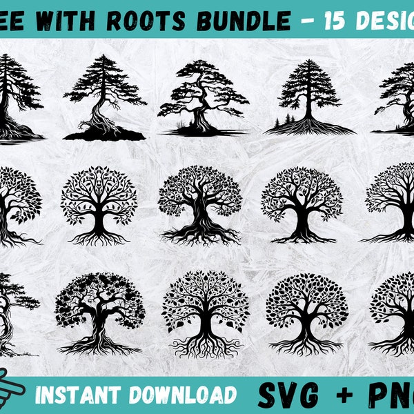 Tree With Roots SVG, Tree Svg, Big Tree Svg, Family Tree Cricut, Roots Svg, Outdoor SVG, Pine Tree Svg, Tree Clipart,Oak Tree Silhouette,Png