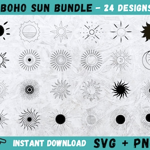 Sol boho SVG, clipart de sol, archivo de corte de sol boho, paquete de svg de sol, svg boho, svg de sol para Cricut, cricut de sol, silueta de sol, vector de sol boho, svg