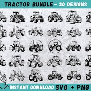 May include: A set of 30 black and white tractor illustrations. The tractors are in various poses and styles, including side views, front views, and top views. The illustrations are ideal for use in crafting projects, scrapbooking, or digital design.