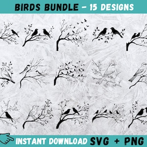 Oiseaux Svg, oiseaux sur les branches SVG, volée d'oiseaux Svg, oiseaux sur arbre Svg, Clipart, Silhouette, fichiers de coupe pour Cricut, téléchargement immédiat, vecteur