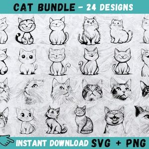Lot de chat SVG, clipart chat kawaii, fichiers coupés chaton, Silhouette de chat, chaton Svg, dessin animé chaton Svg, Animal Cricut, téléchargement immédiat, vecteur