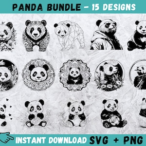 Panda SVG Bundle, Panda Cut File, Panda Head Cricut, Panda Face Svg, Cute Panda Svg, Panda Monogram, Panda Silhouette, Download instantâneo, Png