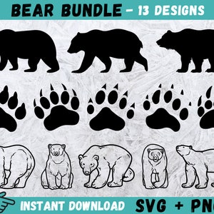 Bear SVG, Bear Cricut, Paw Print Svg, Bear Vector, Grizzly Bear Clipart, Animal Cut Files, Bear Silhouette, Files for Cricut, Bear Claw Png