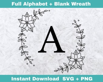 WREATH LETTERS SVG, Laurel Wreath Svg, Laurel Letters Svg, Wreath Alphabet Svg, Cricut Wreath, Monogram Alphabet, Wreath Alphabet Printable