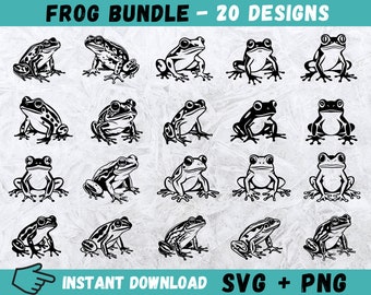 Paquete de imágenes prediseñadas SVG de ranas dibujadas a mano: 20 diseños (descarga digital)