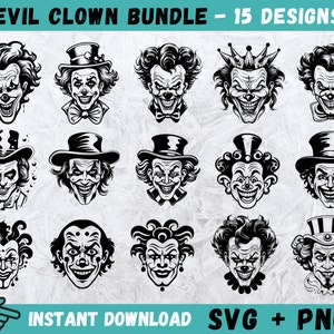 Payaso SVG, Payaso malvado Cricut, Cara de payaso aterrador Svg, Halloween Svg, Monograma de cabeza de payaso, Silueta de payaso aterrador, Archivo de corte de payaso espeluznante, Png