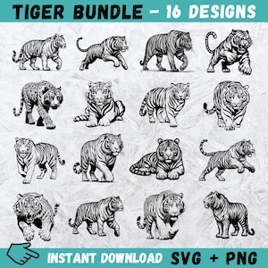 May include: A set of 16 black and white tiger illustrations. The tigers are in various poses, including walking, sitting, and roaring. The illustrations are perfect for use in crafting projects, scrapbooking, or digital design.