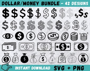 Paquete SVG de signo de dólar: Bolsa de dinero (42 diseños) (PNG)