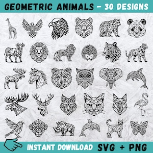 幾何学的動物 SVG、幾何学的野生動物 SVG、動物クリップアート、動物 SVG バンドル、動物ゼンタングル SVG、折り紙動物、シルエット、クリカット