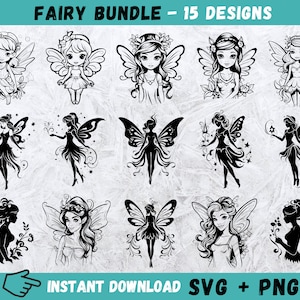 Bundle SVG fée, dessin animé fée Svg, Silhouette de fée, SVG Cricut, fée SVG, clipart fée, fée des fichiers coupés, vecteur de fée, téléchargement immédiat