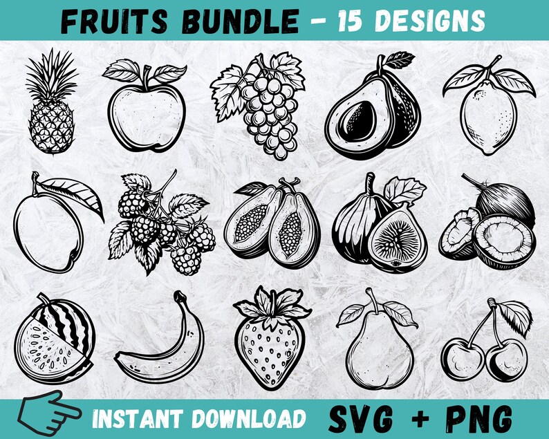 Fruits SVG Clipart Bundle: Hand-drawn Food Graphics (instant Download ...
