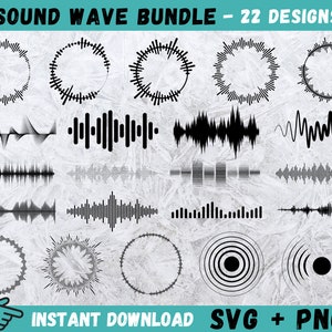 May include: A set of 22 black and white sound wave designs. The designs include various shapes, such as circles, lines, and waves. The designs are perfect for use in digital projects, such as websites, social media, and presentations.